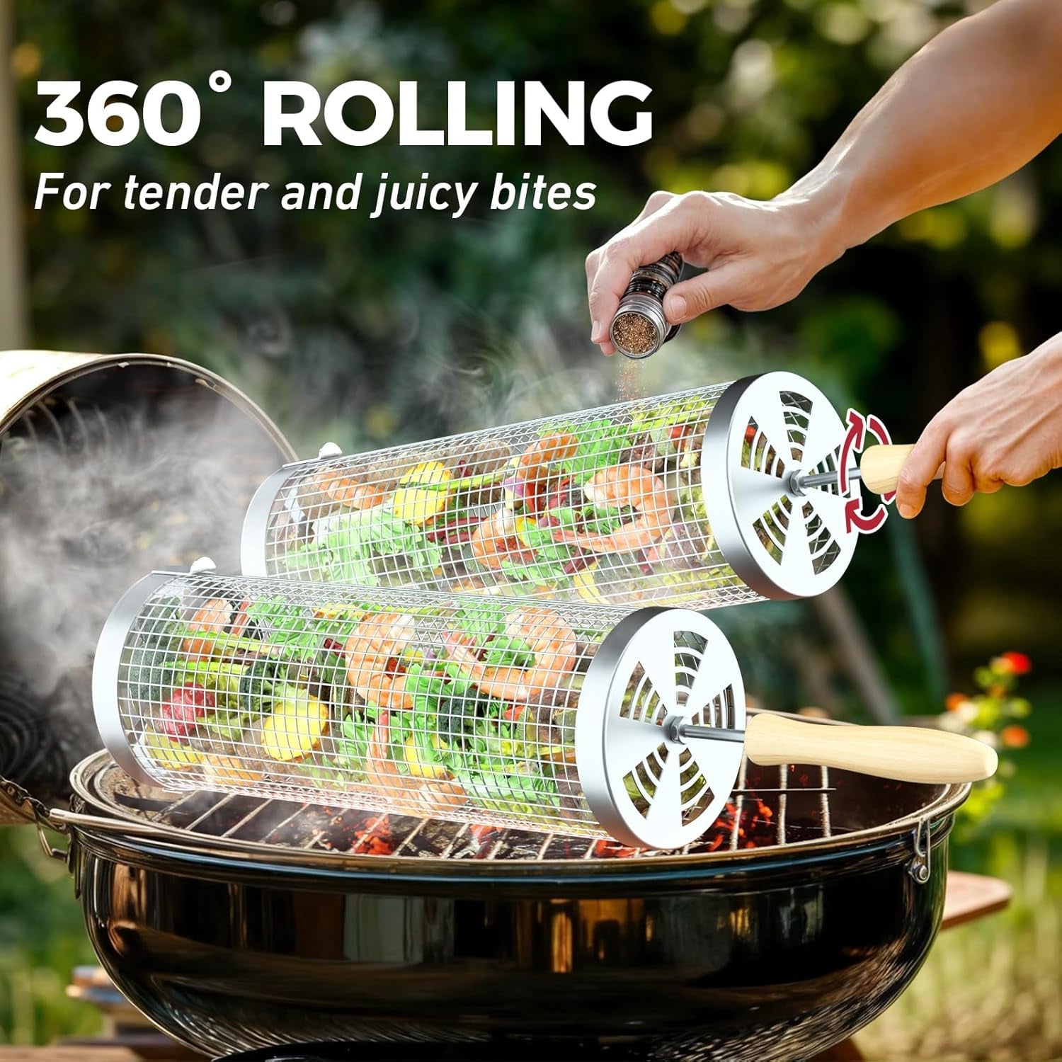 Rolling Grill Basket(2Pcs). Removable Wooden Handle. 304 Stainless Steel. Grilling Accessories Tools for Vegetables Meat Food. Outdoor Camping Grilling. Birthday Gifts for Men Husband Men - Image 3