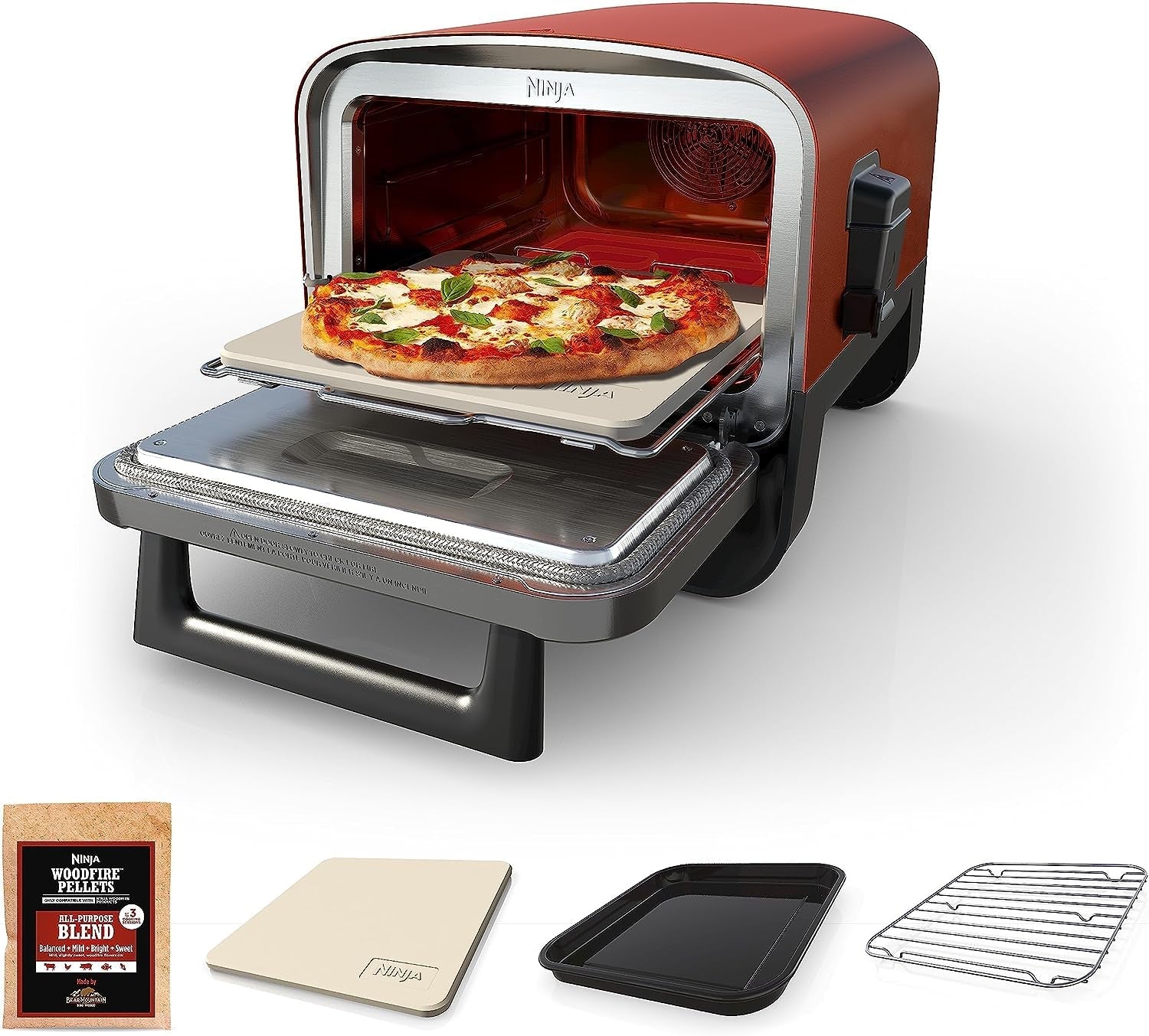 Woodfire Pizza Oven. 8-In-1 Outdoor Oven. 5 Pizza Settings. Woodfire Technology. 700°F High Heat. BBQ Smoker. Wood Pellets. Pizza Stone. Electric Heat. Portable. Terracotta Red. OO101