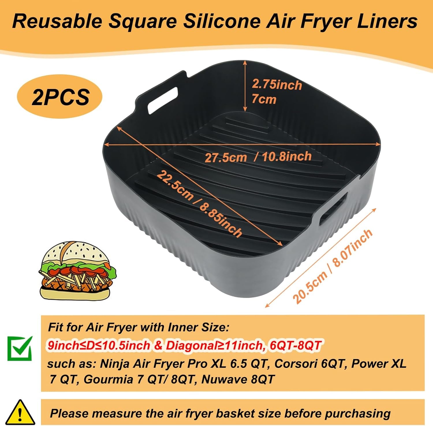 BYKITCHEN 9 Square Silicone Air Fryer Liners (Set of 2) – Reusable Trays for 6‑8QT Air Fryers. Cosori. Ninja. Gourmia & More - Image 2