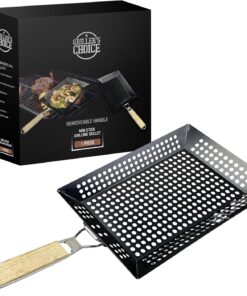 Griller'S Choice Rectangular Grill Basket with Removeable Handle - Large Non-Stick Commercial Basket with Handle for Outdoor Grilling. Designed by Chef. BBQ Judge. BBQ Grill Accessory Grill Pan.