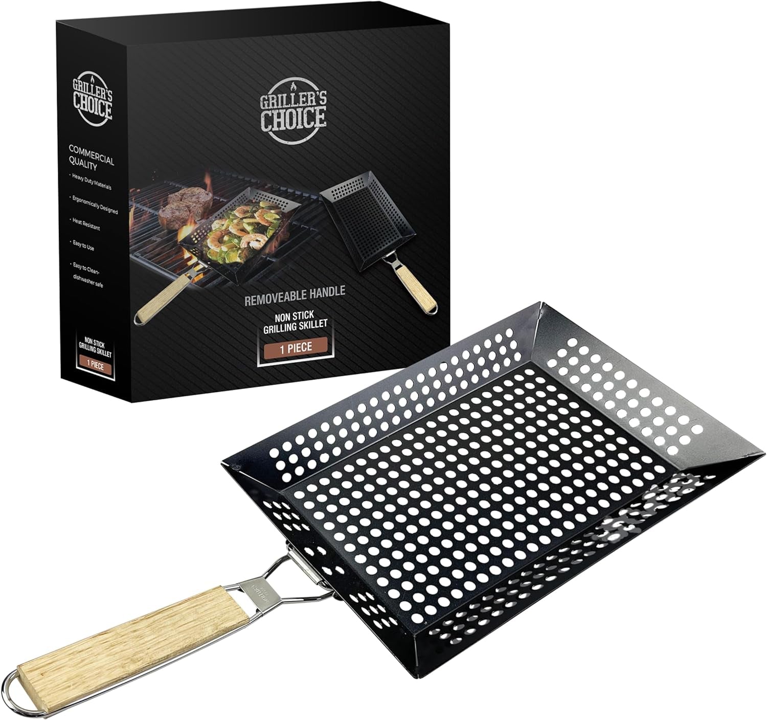 Griller'S Choice Rectangular Grill Basket with Removeable Handle - Large Non-Stick Commercial Basket with Handle for Outdoor Grilling. Designed by Chef. BBQ Judge. BBQ Grill Accessory Grill Pan.