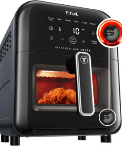 T-Fal Infrared Air Fryer: 6 Qt Digital Touch Screen. 7-In-1 Cooking Functions. 45-Seconds to Reach 750°F on Carbon Fiber Heater Surface. No-Shake Technology. Crispy Finish. 1550W. Black