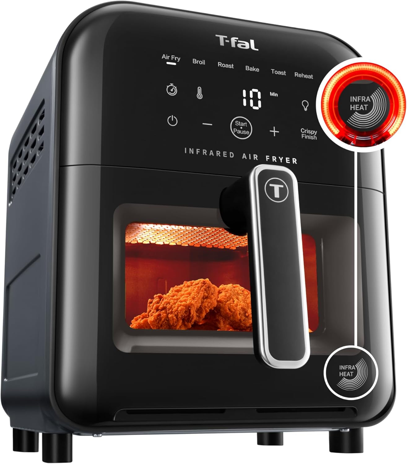 T-Fal Infrared Air Fryer: 6 Qt Digital Touch Screen. 7-In-1 Cooking Functions. 45-Seconds to Reach 750°F on Carbon Fiber Heater Surface. No-Shake Technology. Crispy Finish. 1550W. Black