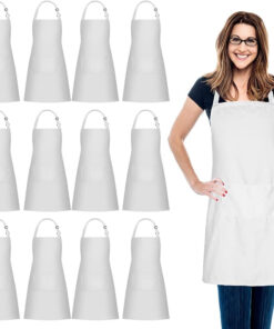 Jubatus 12 Pack 100% Cotton Aprons Bulk with 2 Pockets Cooking Chef Kitchen Adjustable Bib Apron for Women Men. White