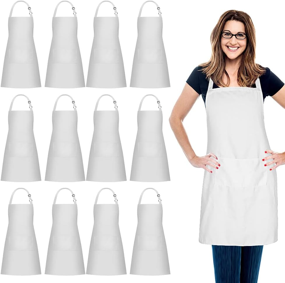 Jubatus 12 Pack 100% Cotton Aprons Bulk with 2 Pockets Cooking Chef Kitchen Adjustable Bib Apron for Women Men. White