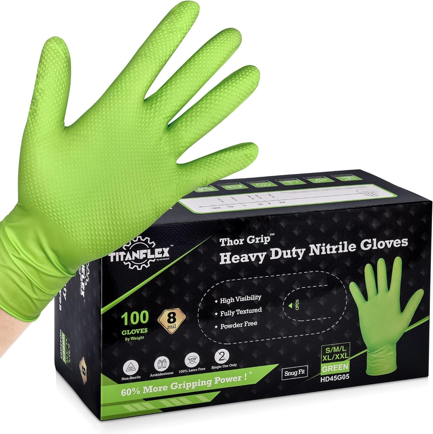 Thor Grip Heavy Duty Green Industrial Nitrile Gloves with Raised Diamond Texture. 8-Mil. Latex Free. 100-Ct Box