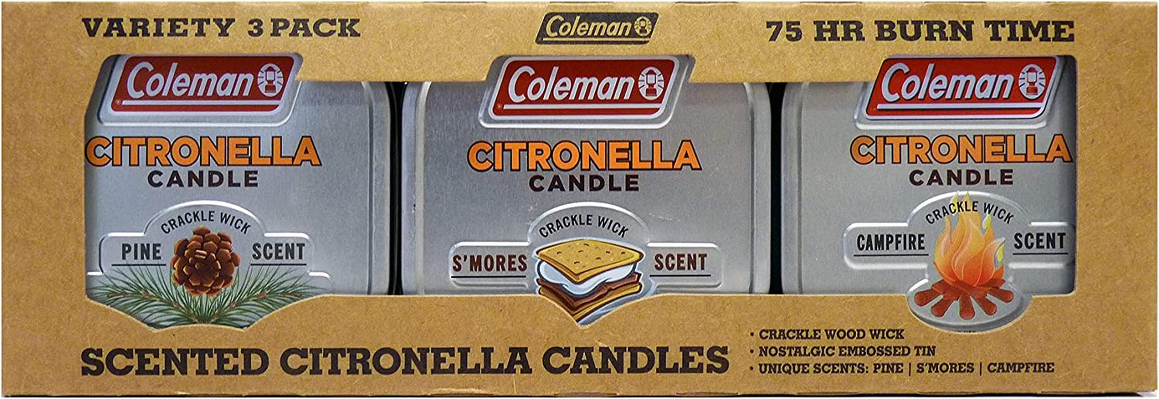 Coleman Scented Tin Citronella Candle - 3 Pack. S'Mores. Pine and Campfire