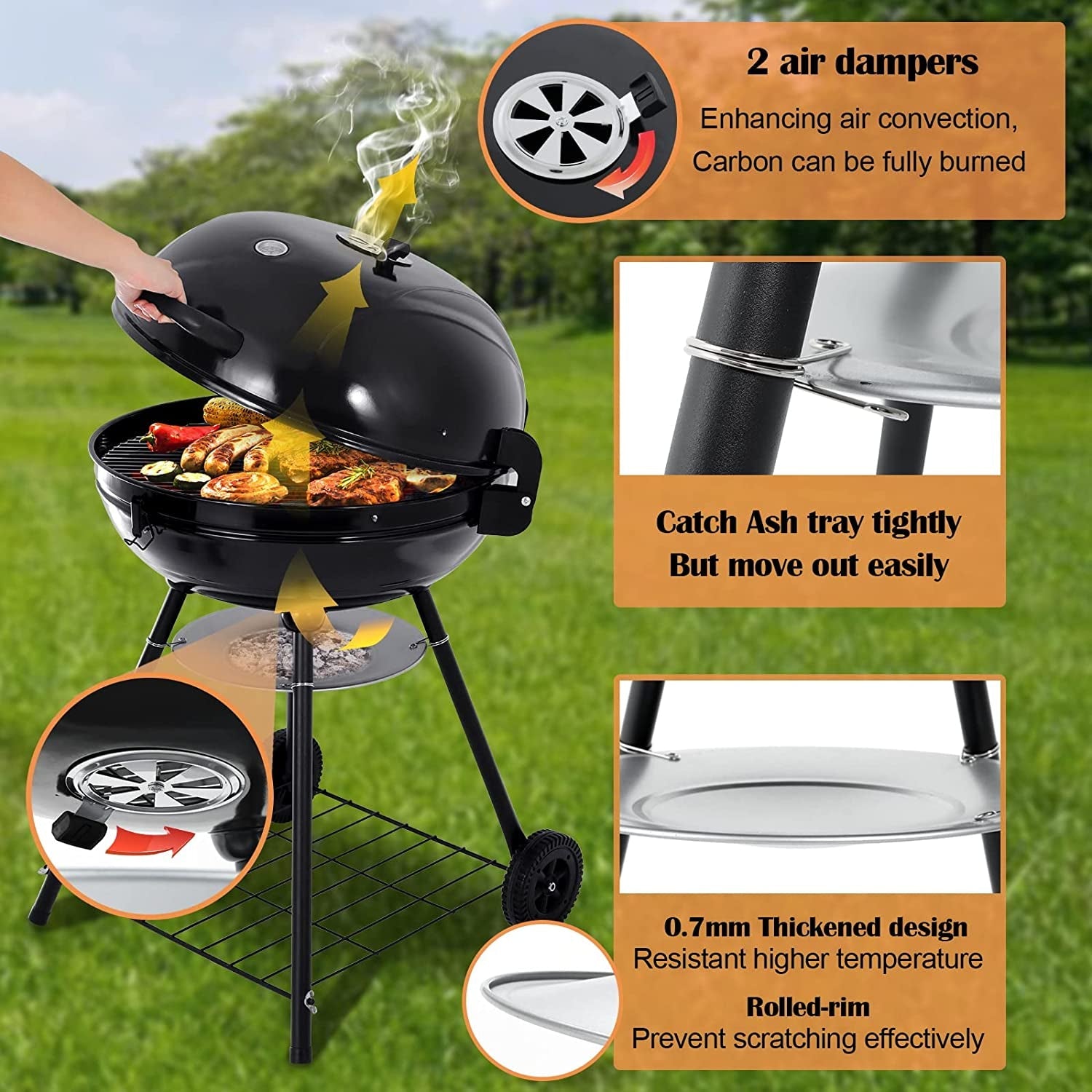 22-Inch Charcoal Kettle Grill Set of 12. Hasteel 2 Layer Grilling Racks Outdoor BBQ Grill. Heavy Duty Large Enameled Grills with Grilling Accessories for Camping Backyard Picnic. Barbecue Spatula - Image 4