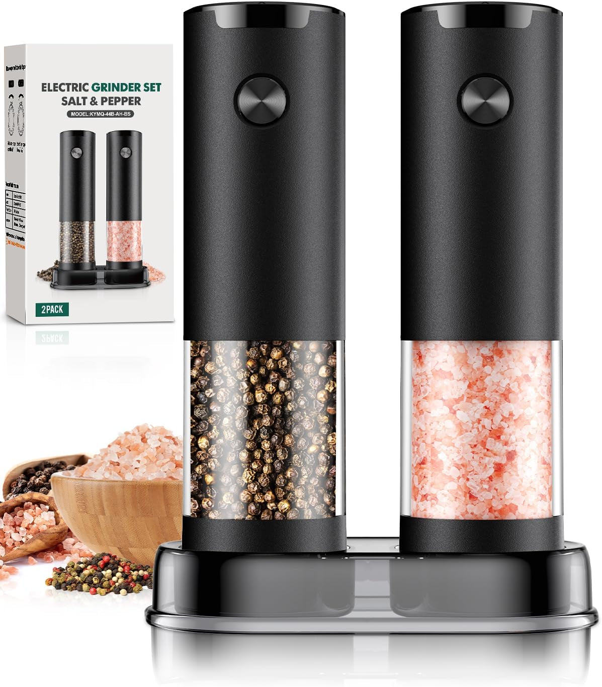 Electric Salt & Pepper Grinder Set (2‑Pack. Black) – Automatic Mills with LED. Adjustable Coarseness & Large Capacity