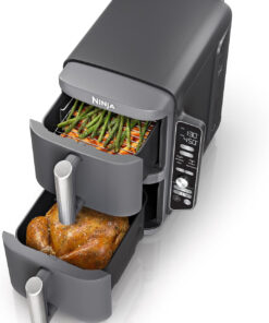 Ninja Air Fryer. 10QT Doublestack XL 2-Basket. Compact Design. Cooks 5Lb Whole Chicken. Feeds up to 8 People. 6-In-1 Air Fryer. Roast. Bake & More. Easy to Clean. Dishwasher Safe Parts. Grey. SL401
