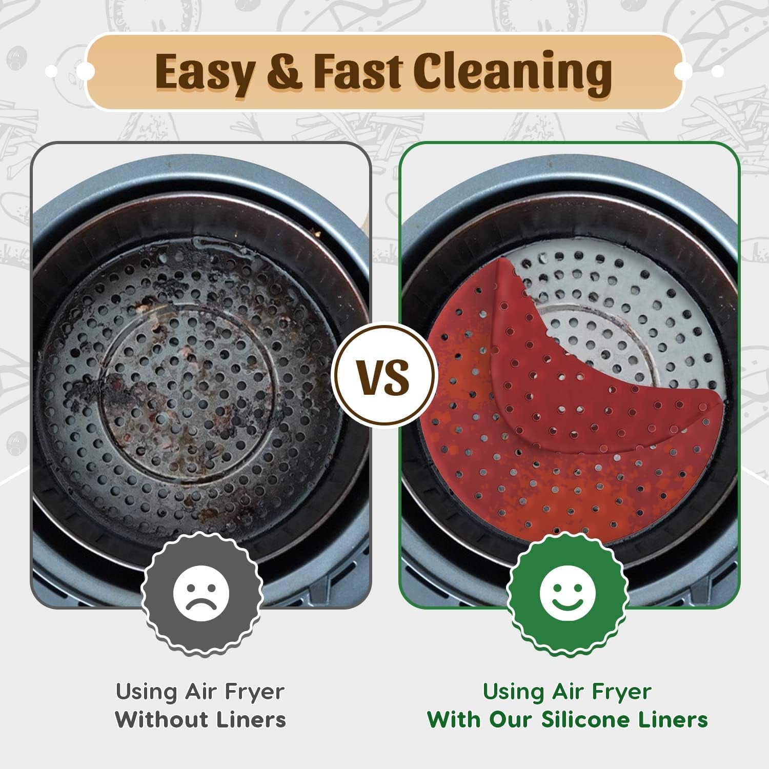 Reusable Round Silicone Air Fryer Liners (9. 3 Pack) by Linda's Essentials – Non‑Stick. Easy‑Clean with Cheat Sheet & Recipes - Image 3