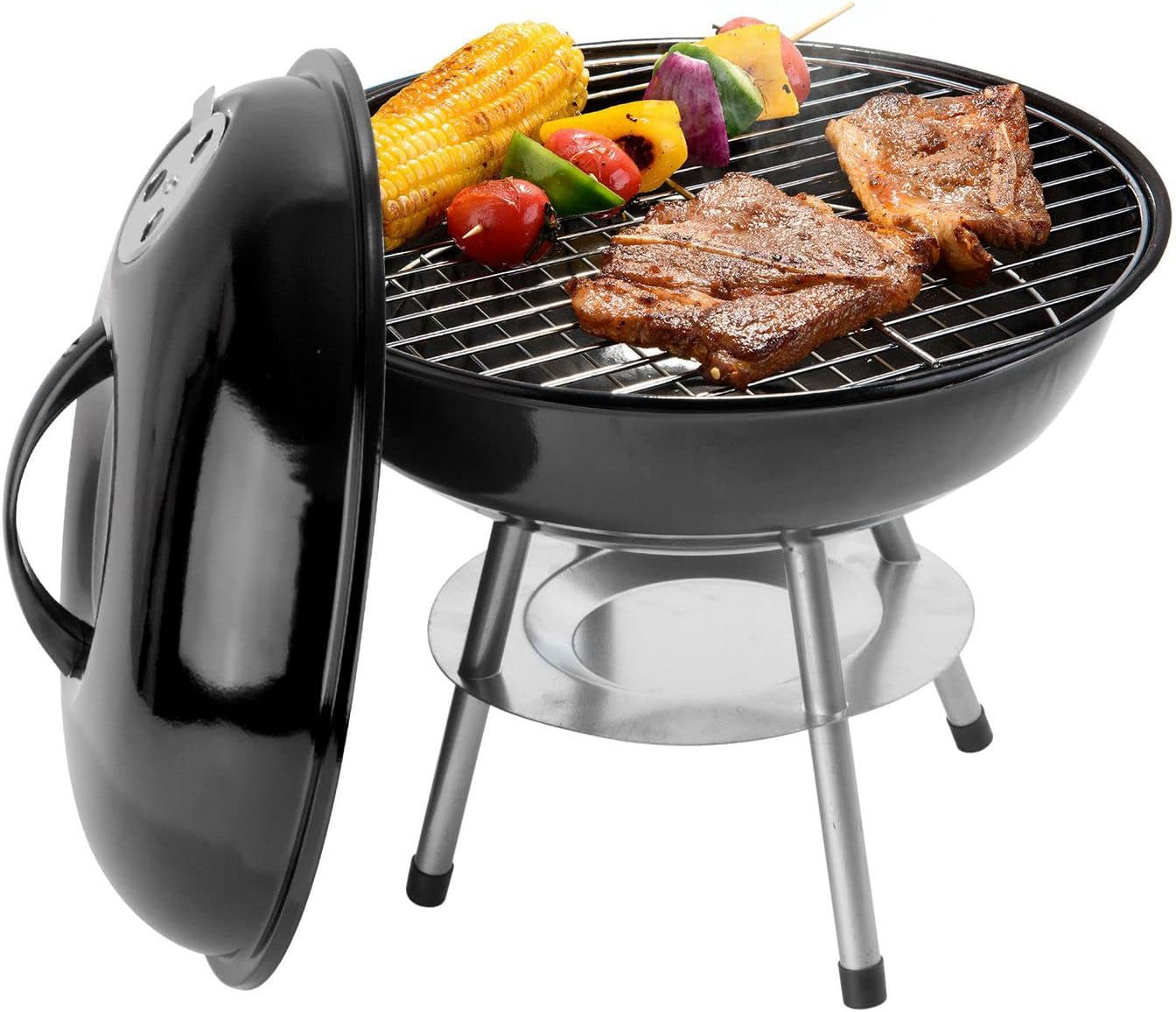 Alpine Cuisine Premium 14 Charcoal BBQ Grill round for Outdoor Cooking. Barbecue Coal Kettle Bowl Grill Portable Heavy Duty round with Legs Grilling for Tailgating Patio Backyard Camping - Black