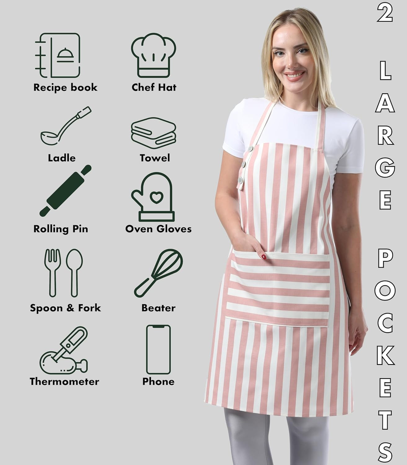 Kitchen Apron Waterdrop Resistant Cotton Apron with Adjustable Aprons for Women with Pockets Cooking Apron Chef Apron for Men (1. Powder Pink) - Image 4