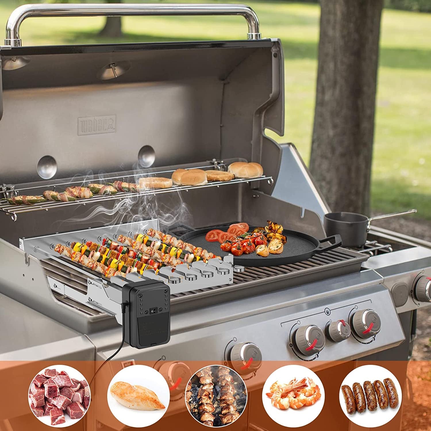 Only Fire Stainless Steel Electric Skewer Turner. Rotated Grilling Rack Shish Kabob Set with 7 Skewers and Dual-Purpose Rotisserie Motor - Image 7