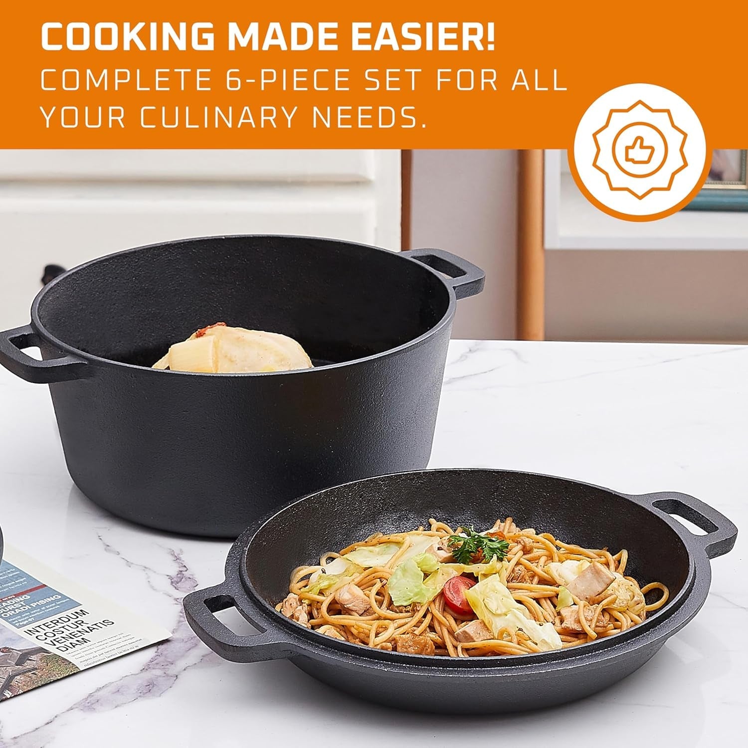 Pre Seasoned 6 Pcs Pots and Pans Set - Bruntmor Double Dutch Oven Crockpot - Cooking Set - Cast Iron Skillets and Square Grill Pan with Lid - Outdoor Camping Cookware - Kitchen Accessories - Image 2