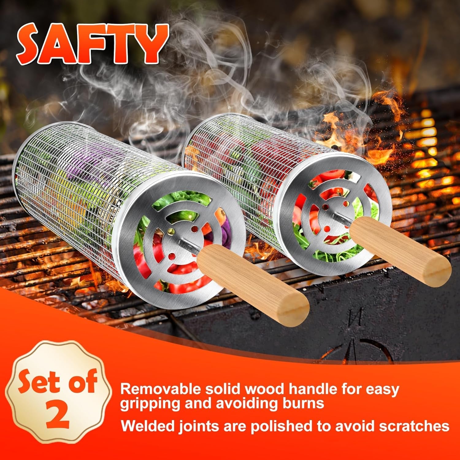 2‑Pack Stainless Steel Rolling Grill Baskets – Locking Handle. Round Design for Fish. Meat & Veggies | BBQ Gift Idea - Image 2
