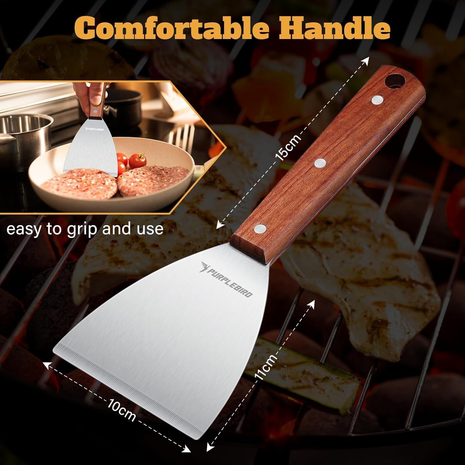 PURPLEBIRD Extra Large Grill Spatula Set Stainless Steel Smash Burger Spatula Kit. 5.5 X 5 Inch BBQ Griddle Spatula and Grill Scraper. Griddle Tools. Grill Utensils for Camping - Image 6