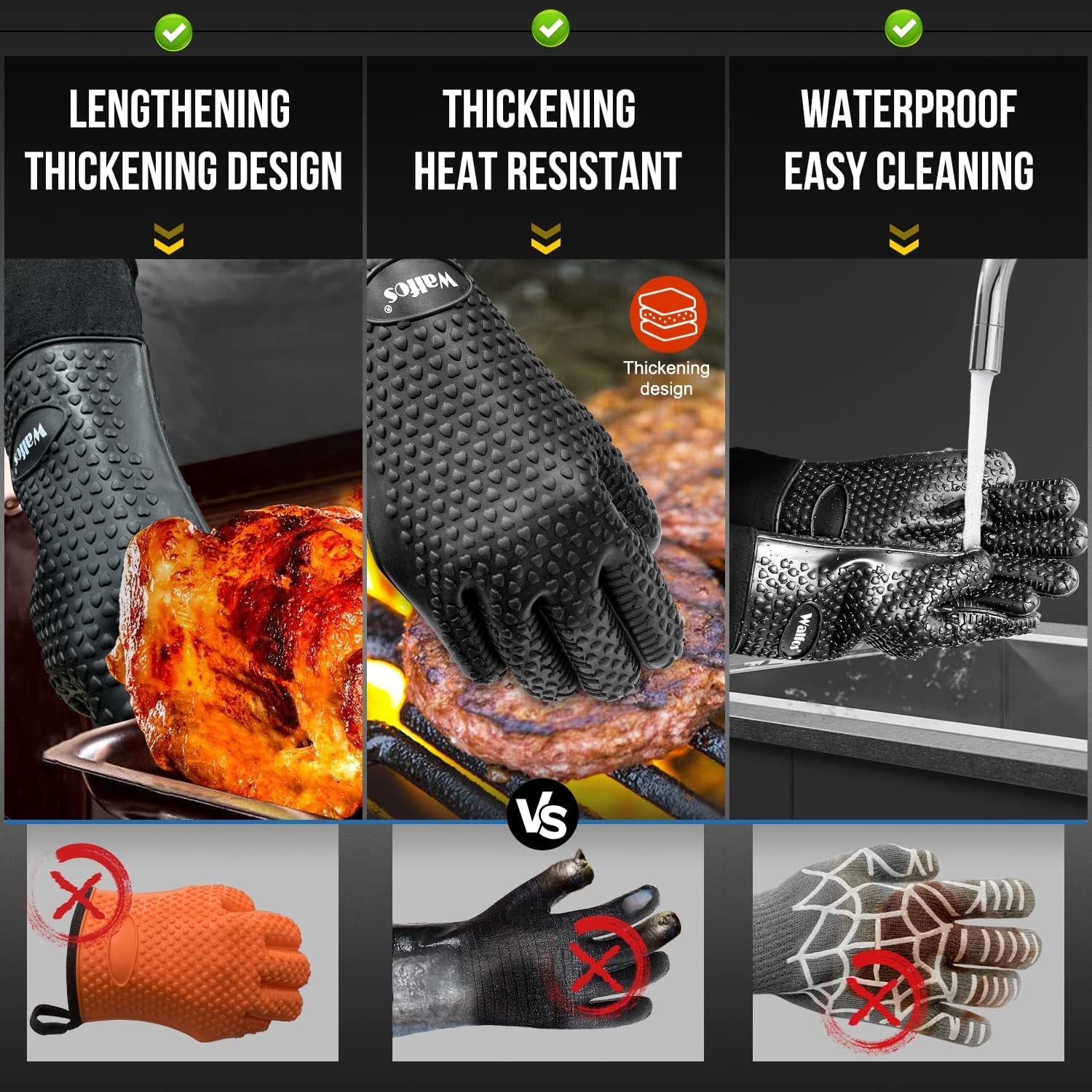 Walfos Silicone Grill and Cooking Gloves plus Pork Shredder Claws plus Silicone Basting Brush - Heat Resistant and Non-Slip. Safe Cooking and Grilling for Indoor & Outdoor. Superior Value Premium Set - Image 2