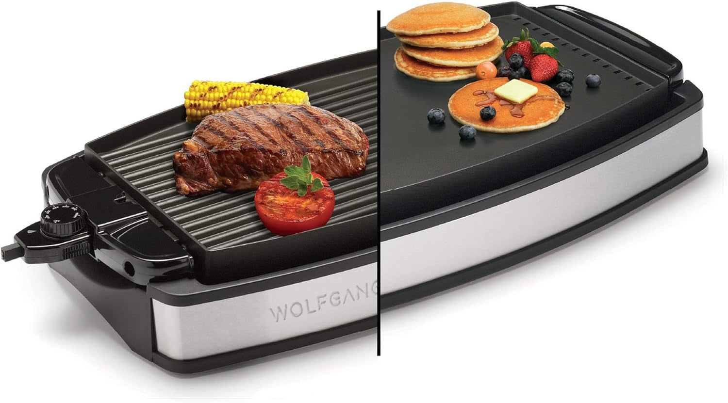 XL Reversible Grill Griddle. Oversized Removable Cooking Plate. Nonstick Coating. Dishwasher Safe. Heats up to 400ºf. Stay Cool Handles