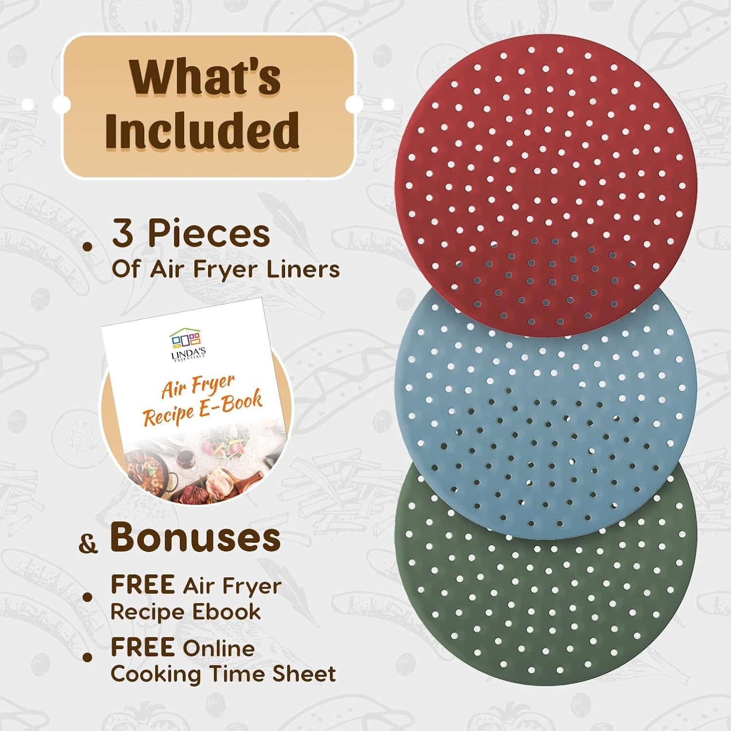 Reusable Round Silicone Air Fryer Liners (9. 3 Pack) by Linda's Essentials – Non‑Stick. Easy‑Clean with Cheat Sheet & Recipes - Image 2