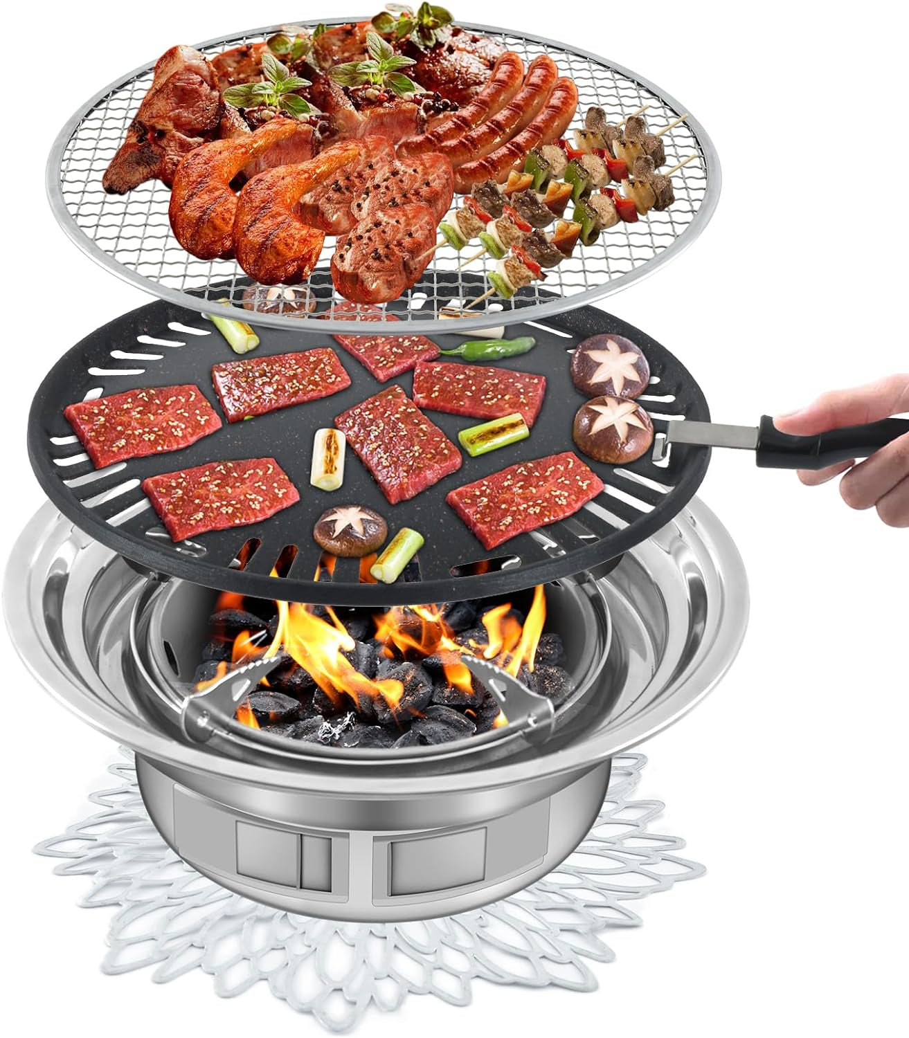 Panghuhu88 Korean BBQ Grill.Portable Household Charcoal Barbecue Grill. Non-Stick round Carbon Barbecue Grill with Insulation Pad Camping Grill Stove for Outdoor and Picnic