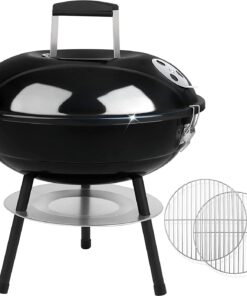 Joyfair Charcoal Grill with 2 Grilling Racks. 14In Small Portable BBQ Grill with Lid for Outdoor Camping/Patio/Backyard Barbecue/Tabletop Cooking. Enamel Coated & Dual Vent System. Black