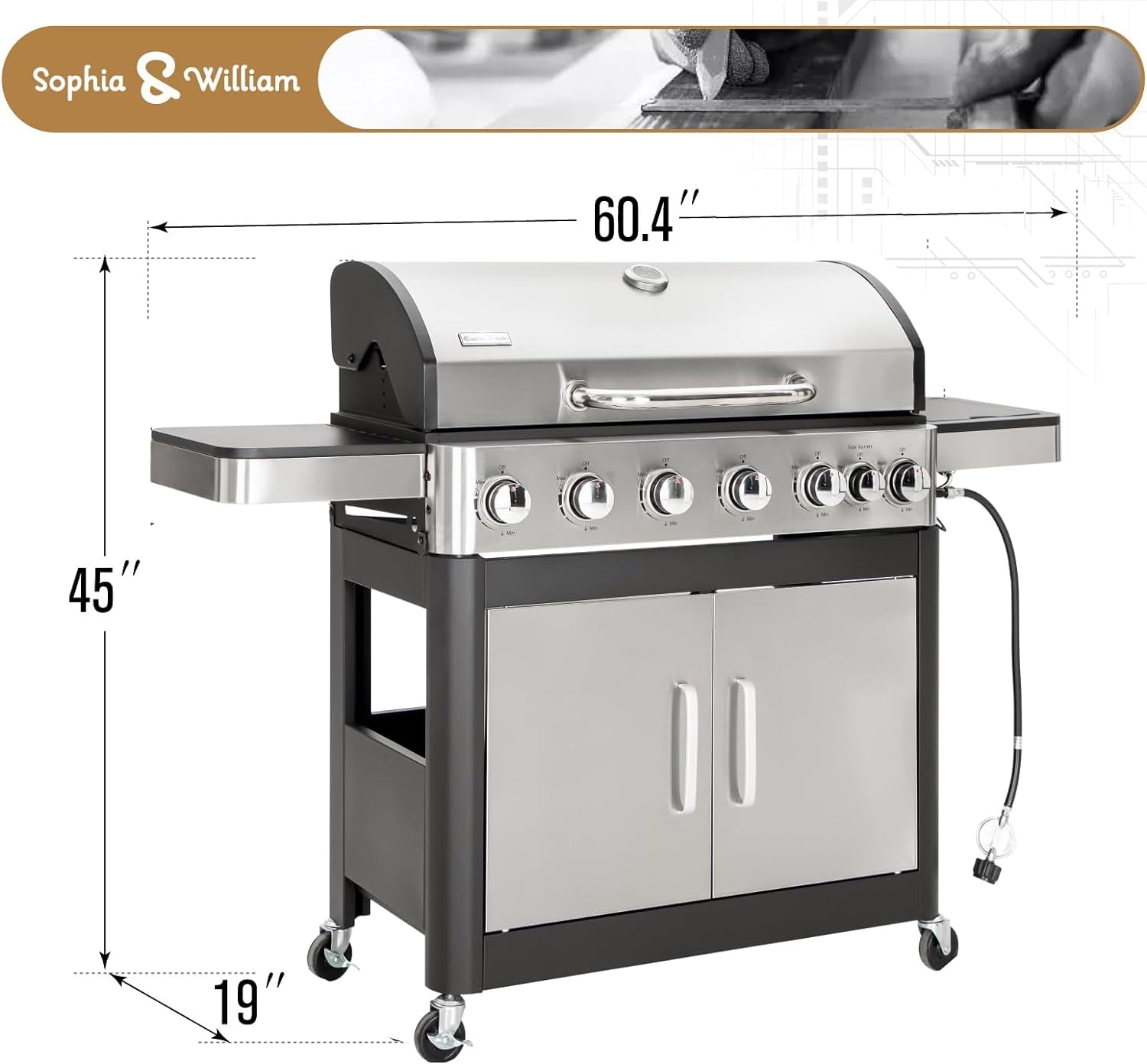 Sophia & William 6-Burner Propane Gas BBQ Grill with Side Burner & Porcelain-Enameled Cast Iron Grates. Stainless Steel Barbecue Grills Outdoor Cooking for Outside. 665 SQ.IN. Cooking Area. 65.800BTU - Image 6