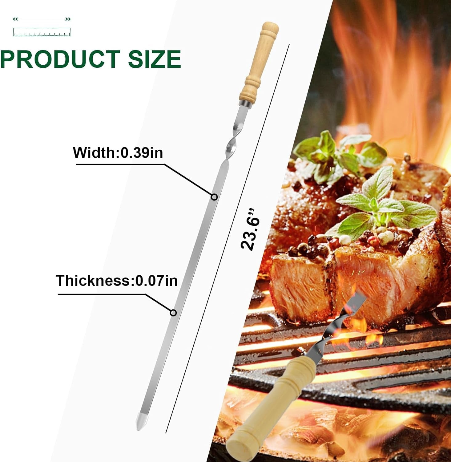 Kabob Skewers.23.6 Inch Flat Skewers for Grilling with Wooden Handle.Reusable Stainless Steel Metal BBQ Barbecue Skewer.Shish Kebab Stick Set for Meat Shrimp Chicken Vegetable-12Pcs. - Image 3