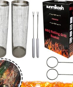 Sunmikosh Rolling Grilling Basket - Barbecue Portable Roll Grill Basket for Outdoor Camping - Stainless Steel BBQ Net Tube Grill Basket. Suitable for Fish. Kabob. Meat. Vegetables. French Fries