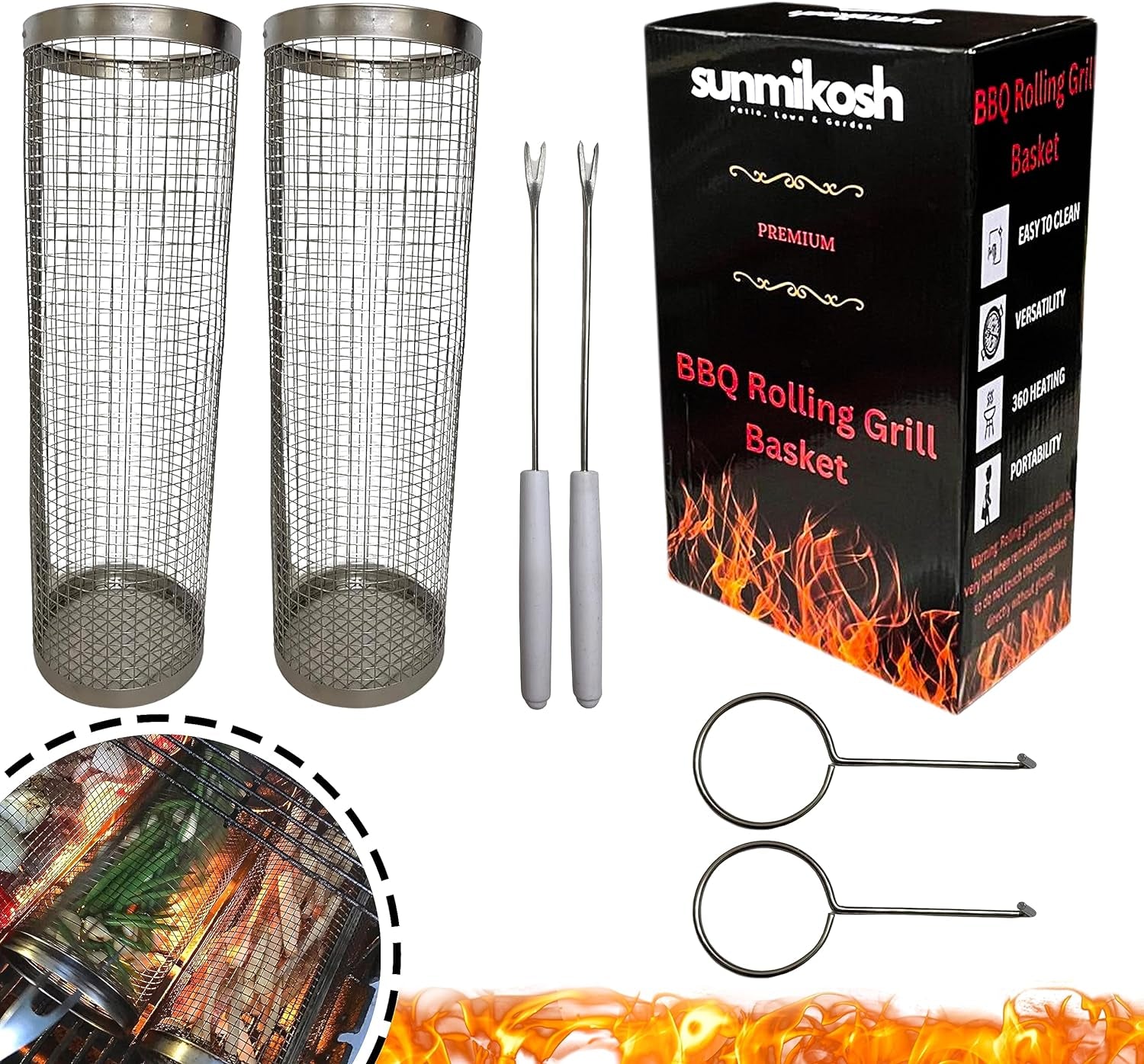 Sunmikosh Rolling Grilling Basket - Barbecue Portable Roll Grill Basket for Outdoor Camping - Stainless Steel BBQ Net Tube Grill Basket. Suitable for Fish. Kabob. Meat. Vegetables. French Fries