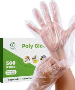 500 Count Disposable Sterile Poly Plastic Gloves for Cooking. Food Prep and Food Service | Latex & Powder Free - One Size Fits Most