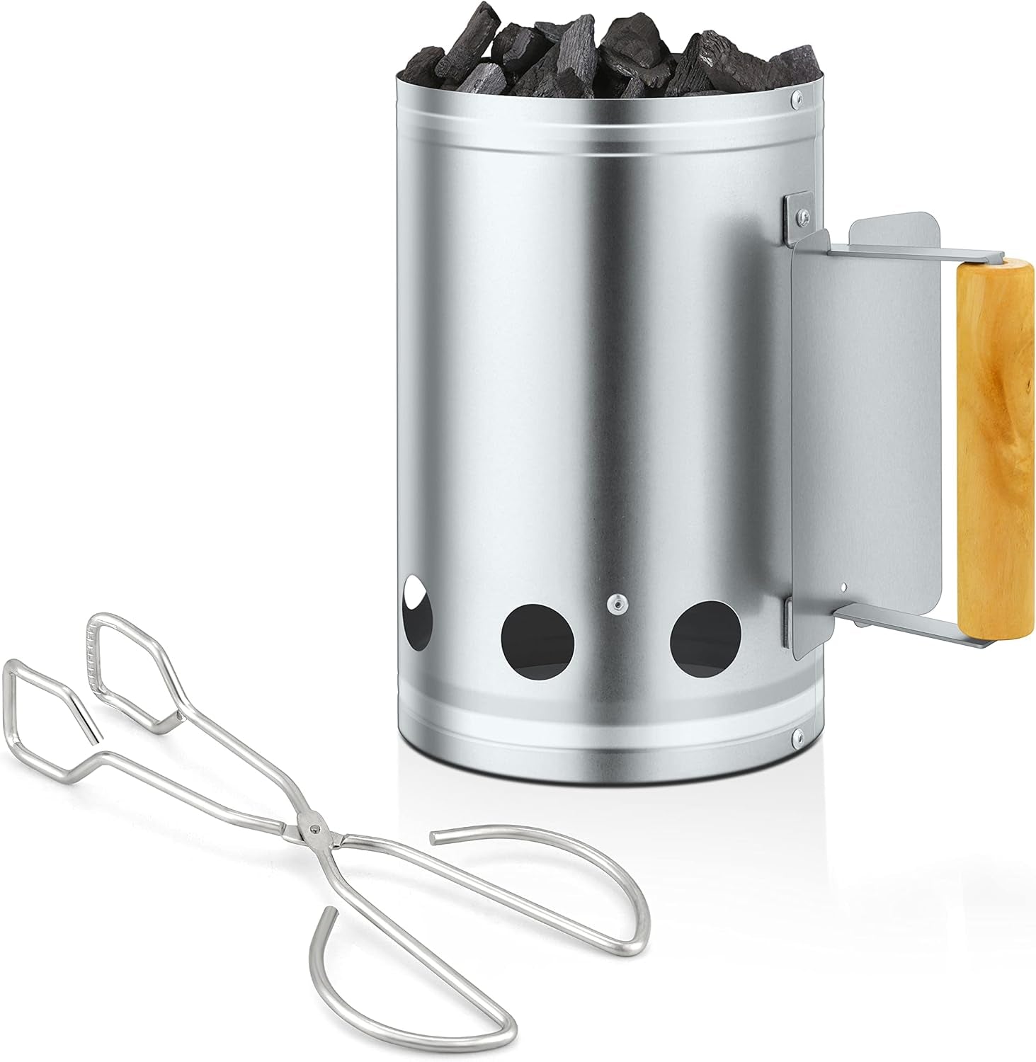 Joyfair Charcoal Chimney Starter with Clamp Set. Portable BBQ Grill Fire Starter for Outdoor Camping/Grilling/Cooking. Heavy Duty & Air Inlet Design. Heat Shield & Wooden Handle. plus Screwdriver
