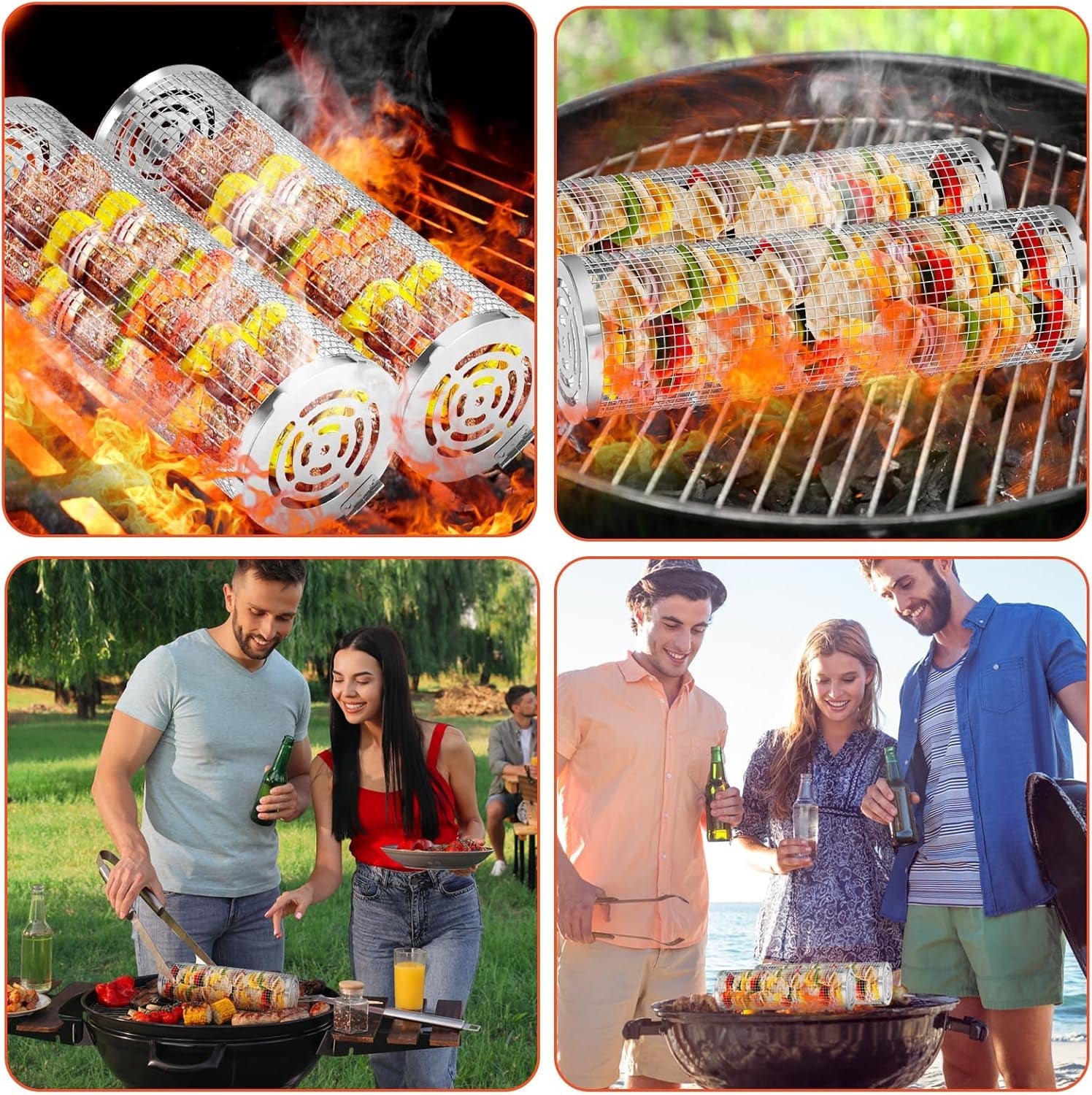 BBQ Basket 2 PCS. Stainless Steel Rolling Grill Mesh for Fish. Shrimp. Meat. Vegetables. Fries - Portable Barbeque Accessories for Outdoor Grilling - Image 7