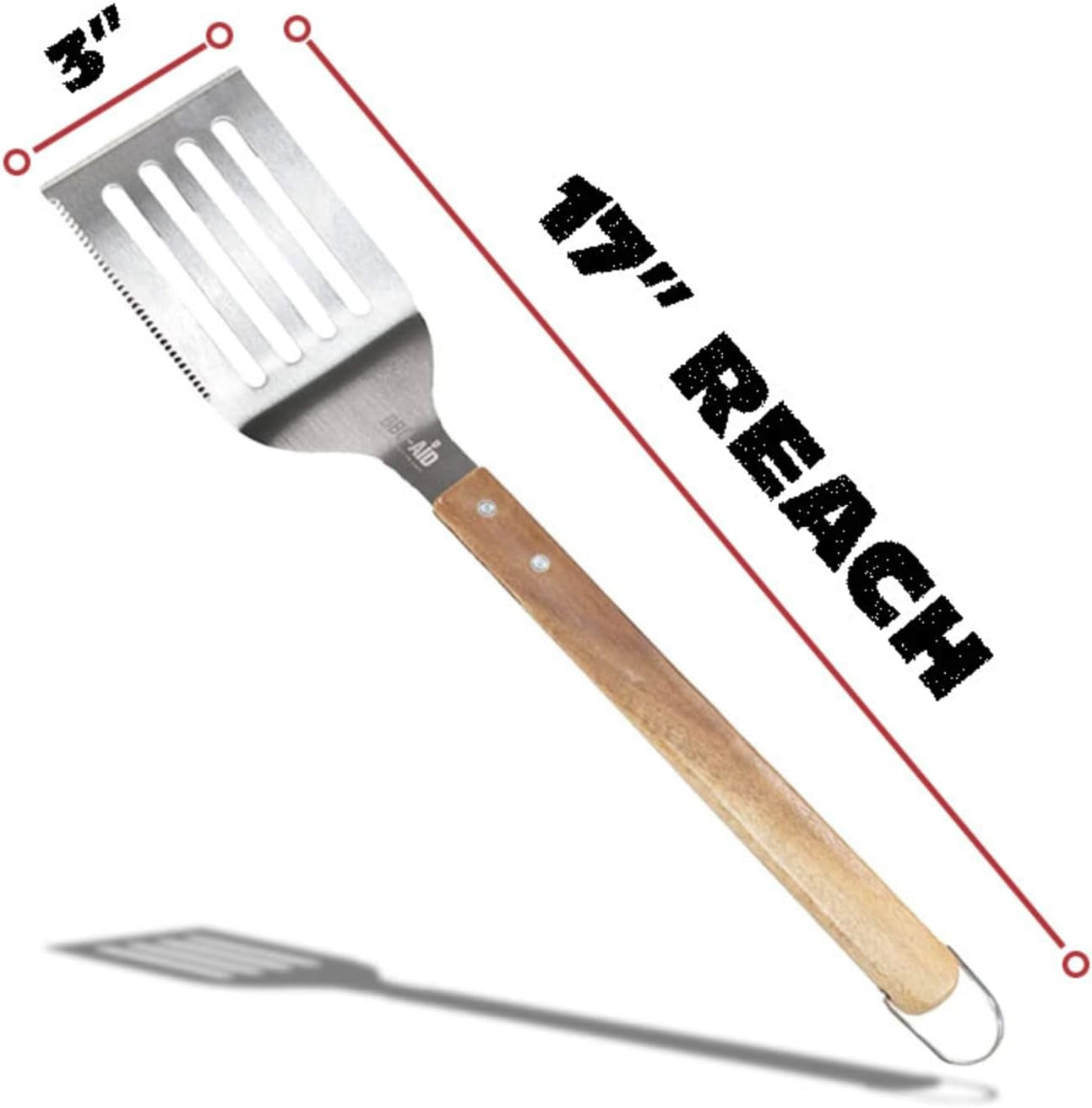 BBQ-AID Pro BBQ Metal Spatula - 17 Barbecue Spatula Stainless Steel with Serrated Knife Edge -Solid & Sturdy Turner Spatula- Acacia Wood Handle- Heavy Duty Built to Last Kitchen Spatula - Image 3