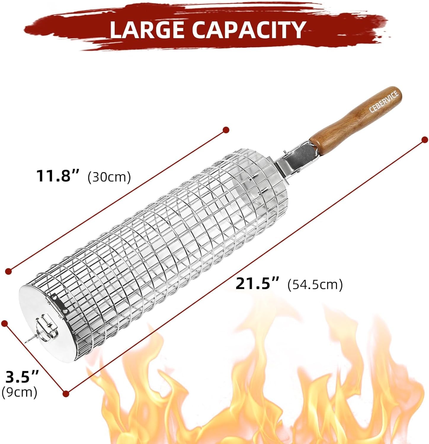 CEBERVICE Rolling Grilling Baskets. SUS304 Stainless Steel. REMOVABLE WOODEN HANDLE. Portable BBQ Outdoor Camping round Cylinder Grilling Rack for Fish. Vegetables. Shrimp. Barbeque Griller Cooking Accessories Gifts for Men. Dad. Father. Husband - Image 5