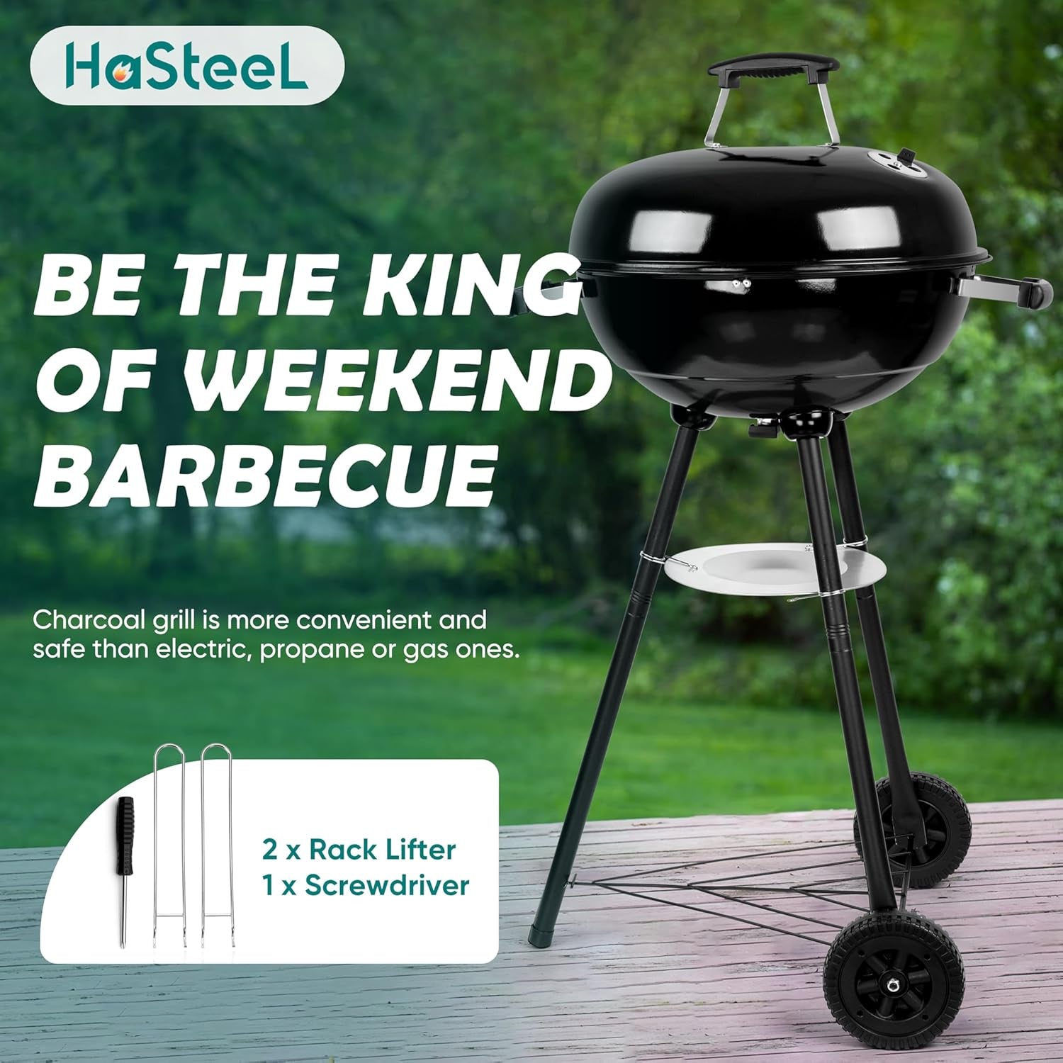 Hasteel 18 Inch Charcoal Grill. Black Kettle Outdoor Barbecue Grill. 2-In-1 Portable BBQ Grill with Wheels for Camping Backyard Patio Picnic. Porcelain-Enameled Lid & Fire Bowl. 254.SQ.IN Cooking Area - Image 7