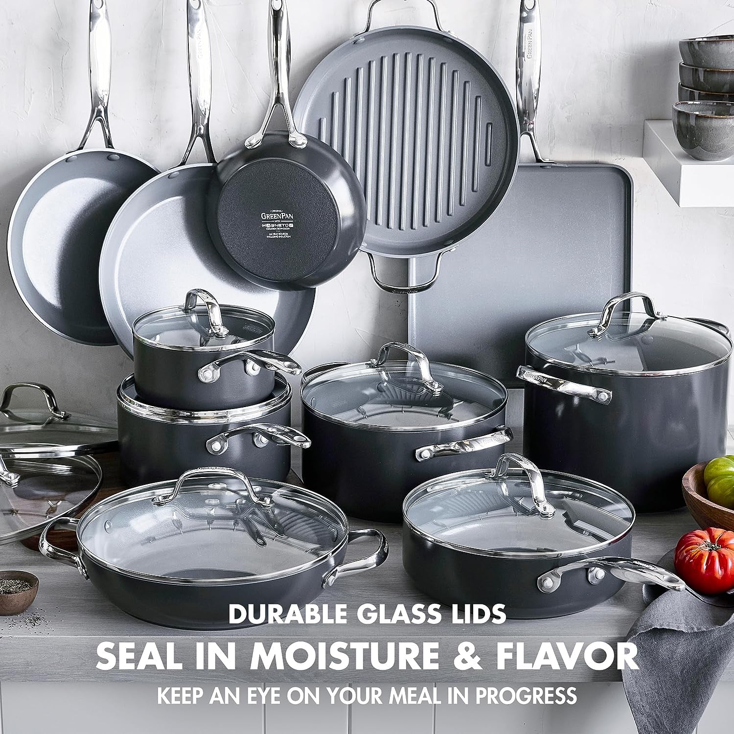 Valencia Pro Hard Anodized Healthy Ceramic Nonstick 22 Piece Cookware Pots & Pans Set. Fry Grill. Griddle. Saute & Sauce Pans. Stockpot.Lids. Pfas-Free. Induction. Dishwasher & Oven Safe.Gray - Image 7