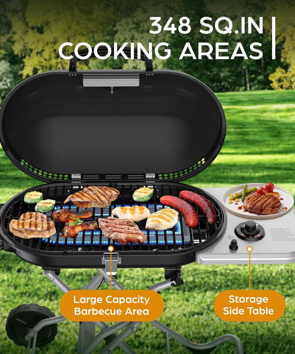 Joy Pebble Portable Propane Gas Grill. 15000BTUS.BBQ Gas Grill with 348 SQ Inch Large Cooking Areas. Sturdy Quick-Fold Legs. Portable & Foldable BBQ Grill for Outdoor Camping/Tailgating/Picnic. Black - Image 2