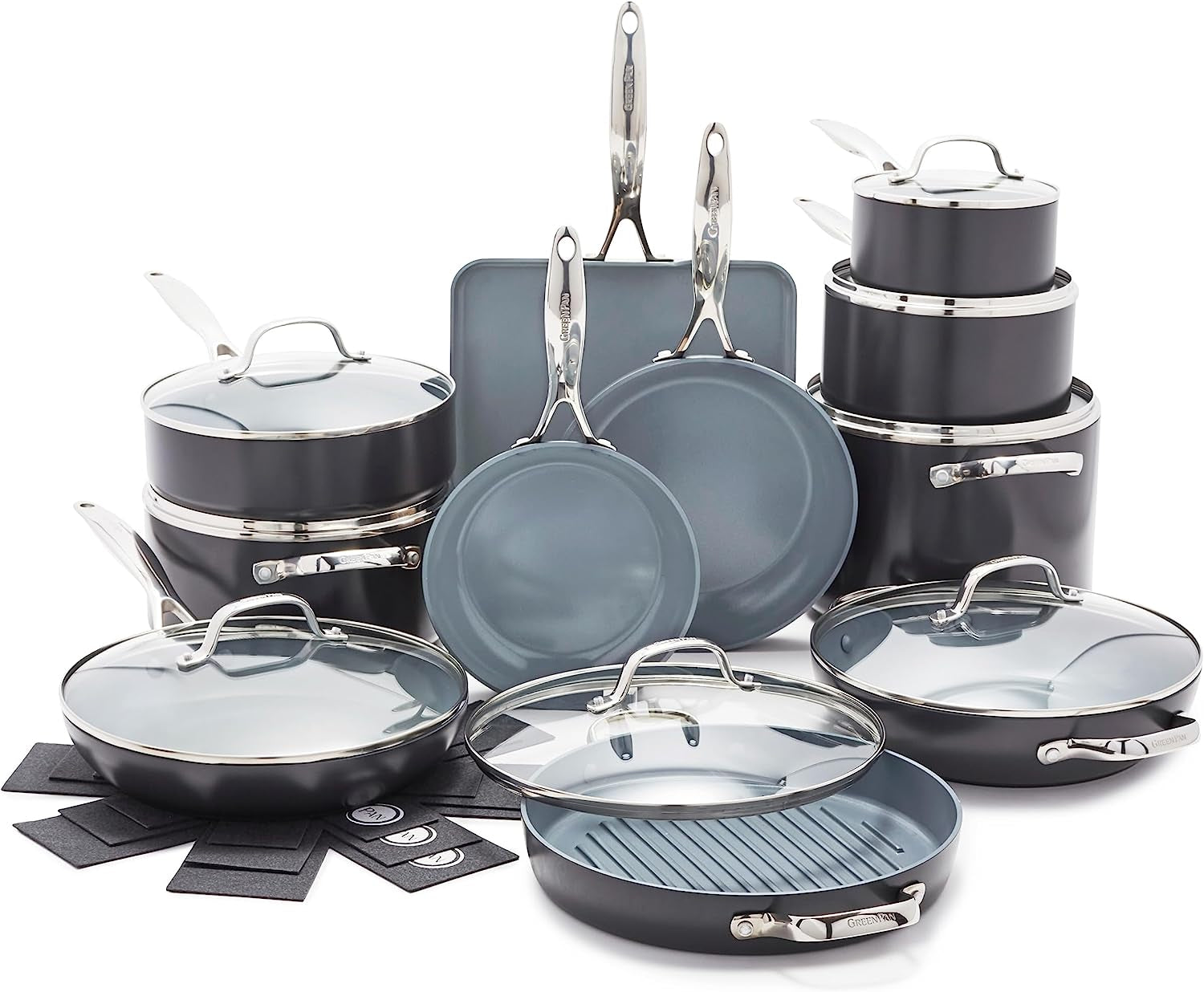 Valencia Pro Hard Anodized Healthy Ceramic Nonstick 22 Piece Cookware Pots & Pans Set. Fry Grill. Griddle. Saute & Sauce Pans. Stockpot.Lids. Pfas-Free. Induction. Dishwasher & Oven Safe.Gray