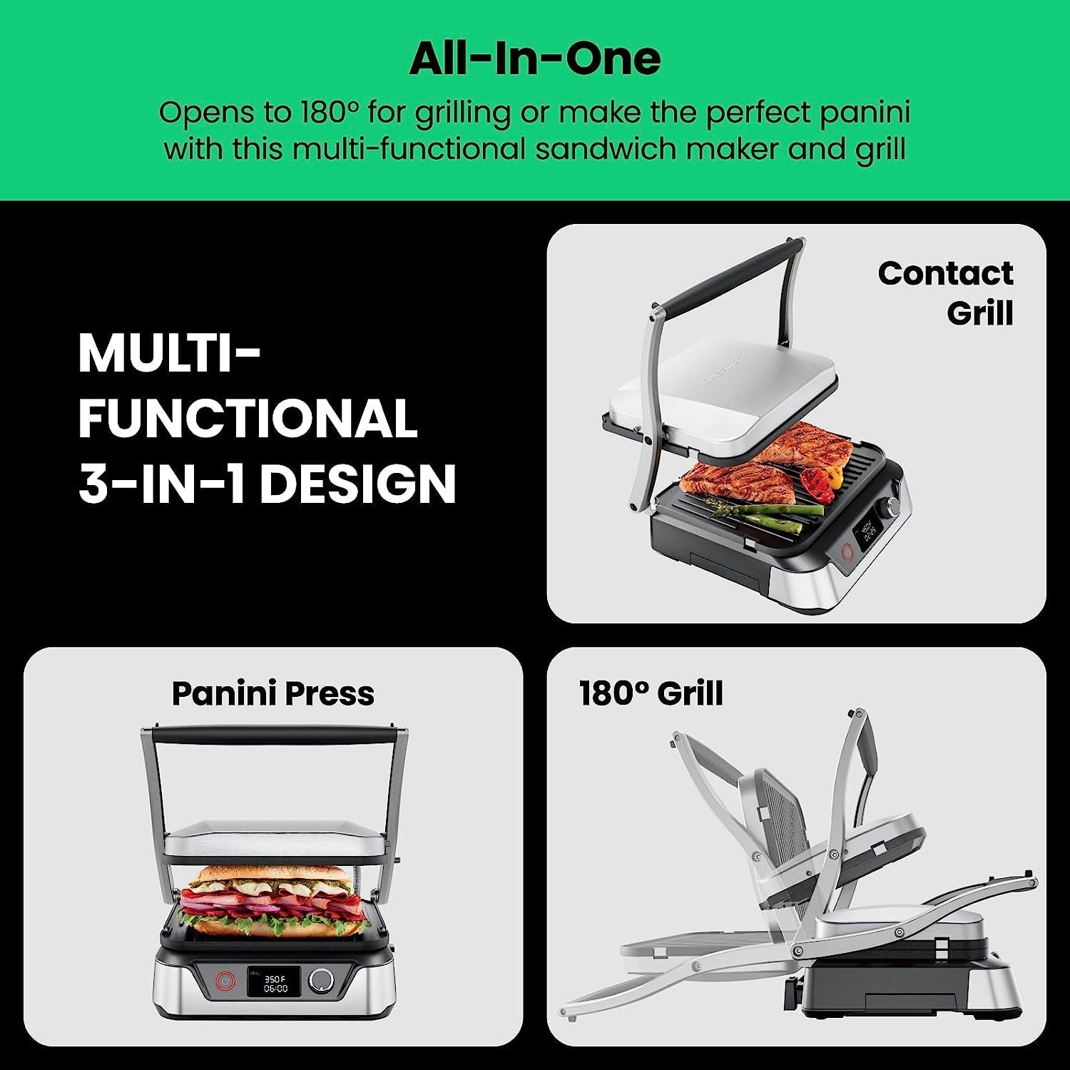 5-In-1 Digital Panini Press Grill Sandwich Maker and Griddle Grill Combo with Removable. Reversible Dishwasher-Safe Grilling Plates. Opens 180° for Indoor BBQ or Flat Top Grill - Image 3