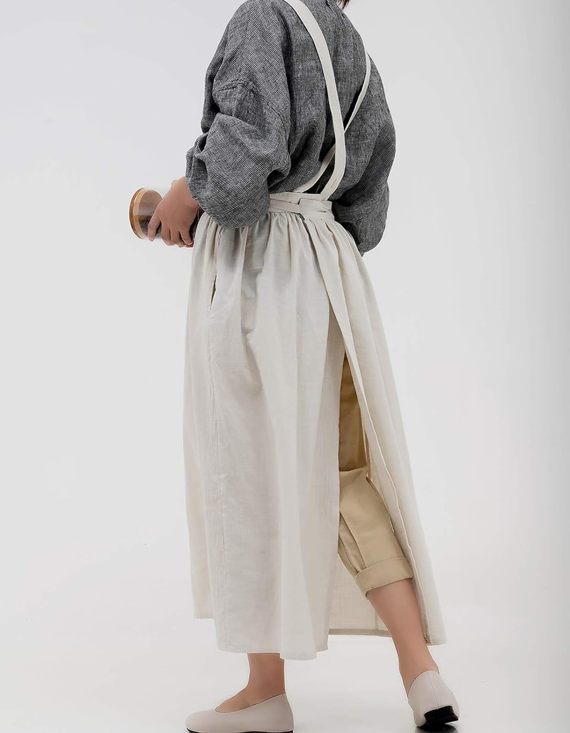 Pleated Cotton Long Apron X Back Kitchen Garden Florist Work Clothes Bib Dress - Image 5