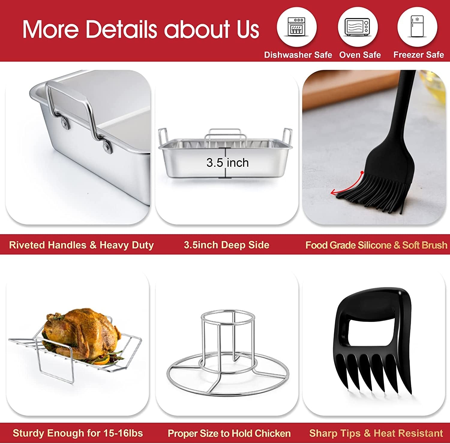 Teamfar Roasting Pan. 14 in Stainless Steel Turkey Roaster Pan with Cooling Rack & V Rack. Beer Can Chicken Holder/Meat Claws/Brush. Healthy & Dishwasher Safe. Set of 7 - Image 3