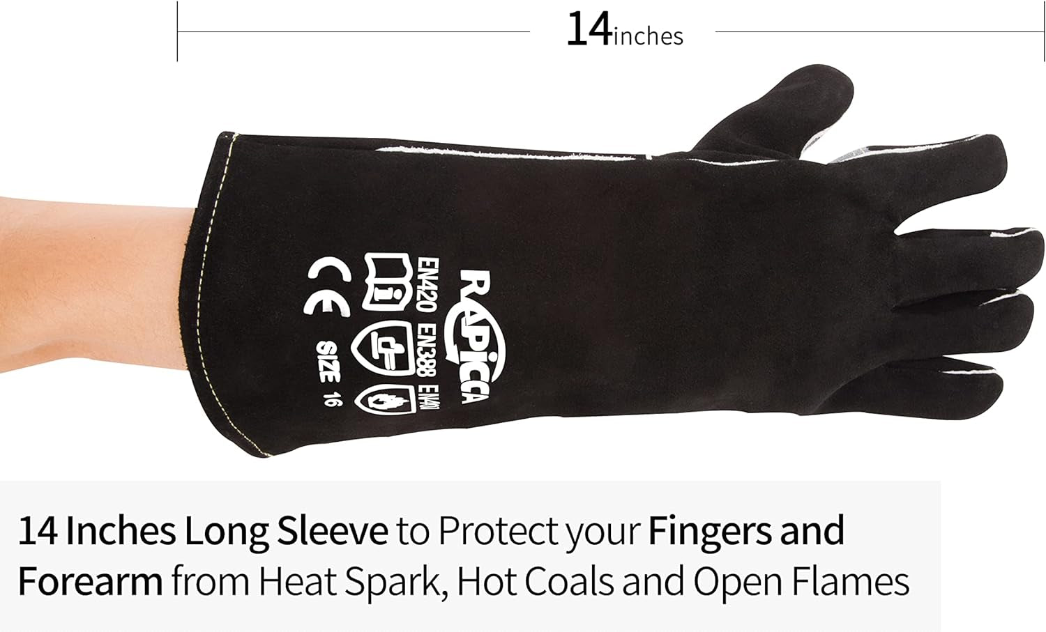 Welding Gloves 14 Inches.662℉.Heat Resistant Leather Forge/Mig/Stick Welding Gloves Heat/Fire Resistant. Mitts for Oven/Grill/Fireplace/Furnace/Stove/Pot Holder/Bbq/Animal Handling-Black - Image 2