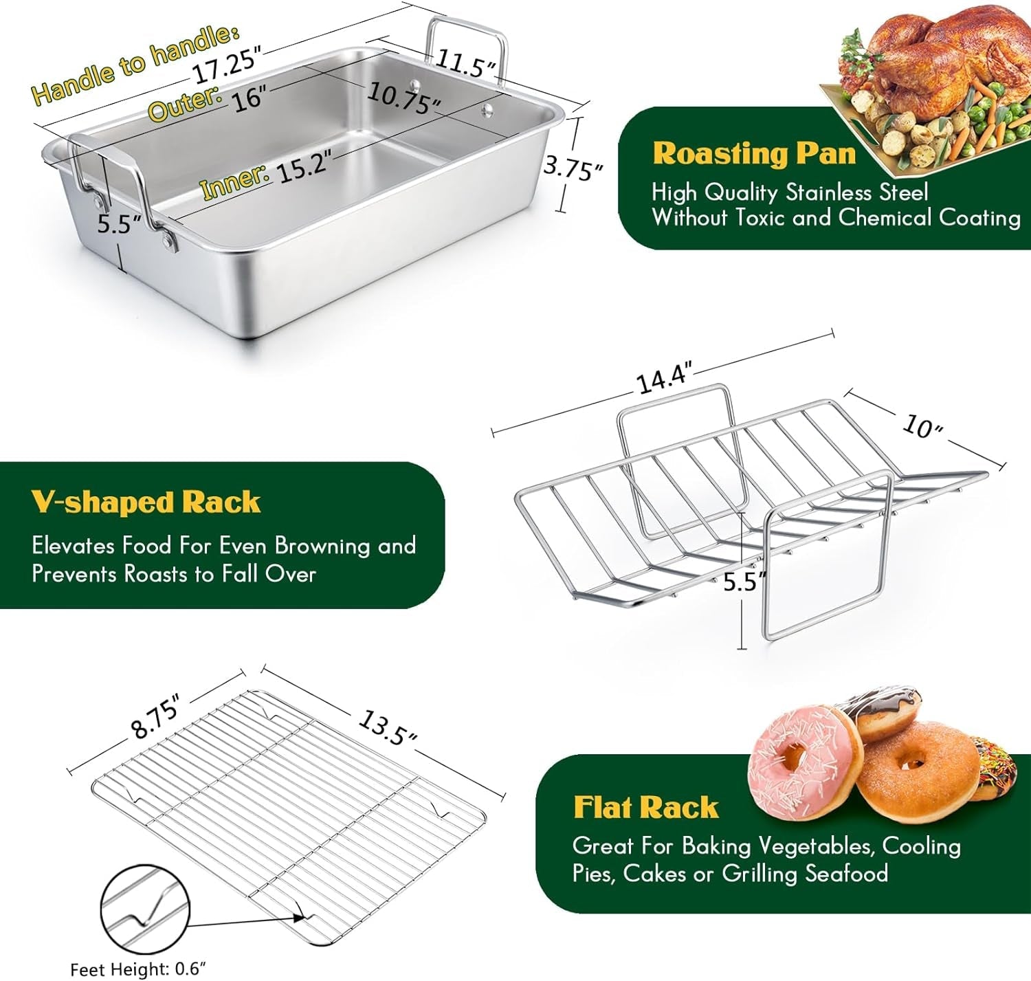 Roasting Pan. E-Far 16 X 11.5 Inch Stainless Steel Turkey Roaster with Rack - Deep Broiling Pan & V-Shaped Rack & Flat Rack. Non-Toxic & Heavy Duty. Easy Clean & Dishwasher Safe - Large - Image 2