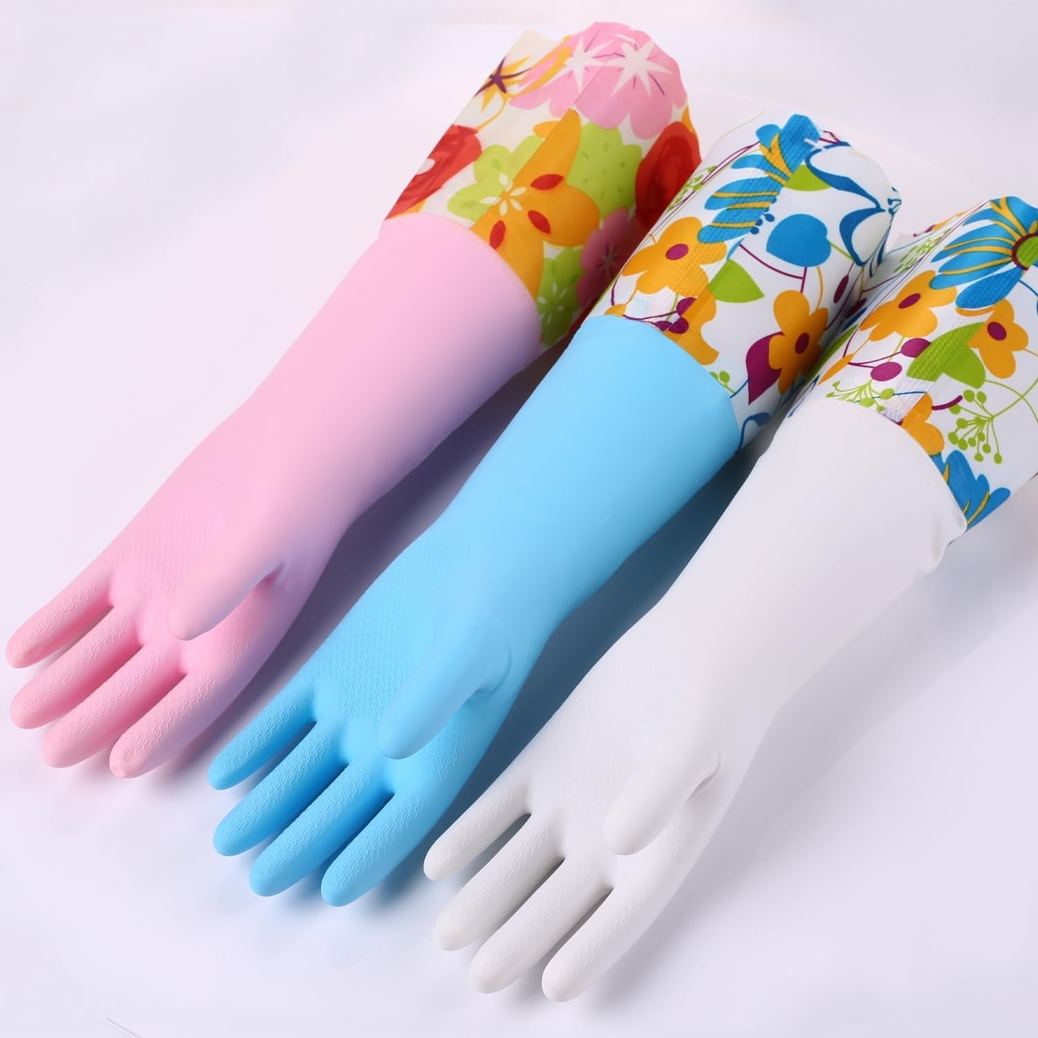 3 Pairs Rubber Cleaning Gloves. Household Kitchen Dishwashing Gloves with Cotton Flocked Liner. Long Cuff 16. Reusable. Non-Slip (Medium. Blue+Pink+White) - Image 3