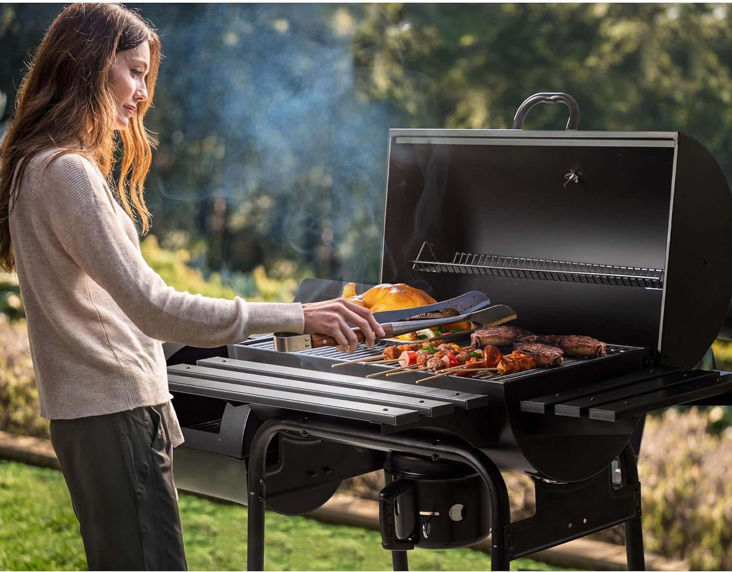 Flamaker Charcoal Grill Outdoor BBQ Grill with Side Oven & Thermometer Barbecue Grill Offset Smoker with Ash Catcher & Cover for Camping Picnics - Image 2