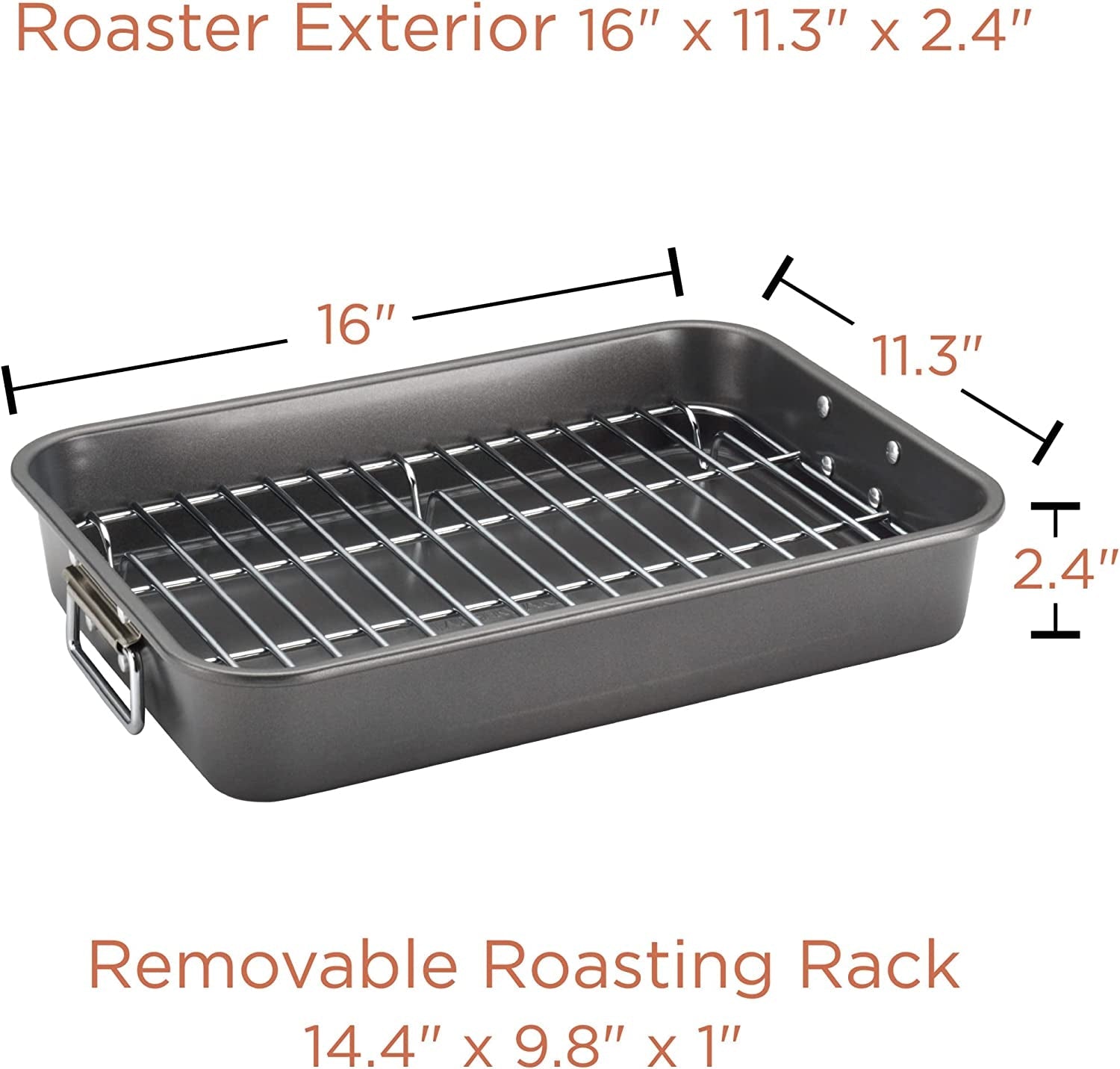 Farberware Bakeware Nonstick Steel Roaster with Flat Rack. 11-Inch X 15-Inch. Gray - Image 3