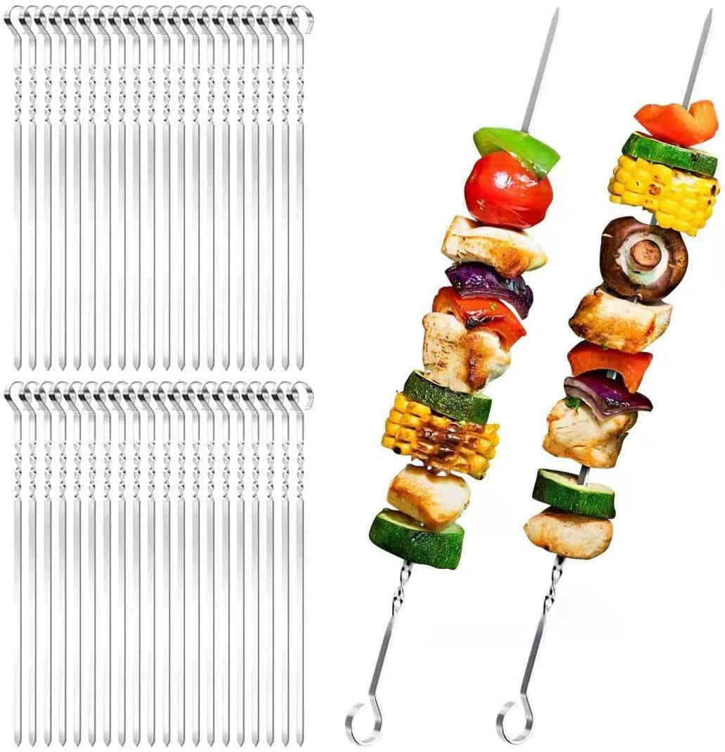 Kabob Skewers. AIDOIT 40 PCS 15.2 Inch Flat Metal BBQ Barbecue Skewer Stainless Steel Shish Kebob Sticks Wide Reusable Grilling Skewers Set for Meat Shrimp Chicken Vegetable - Image 4