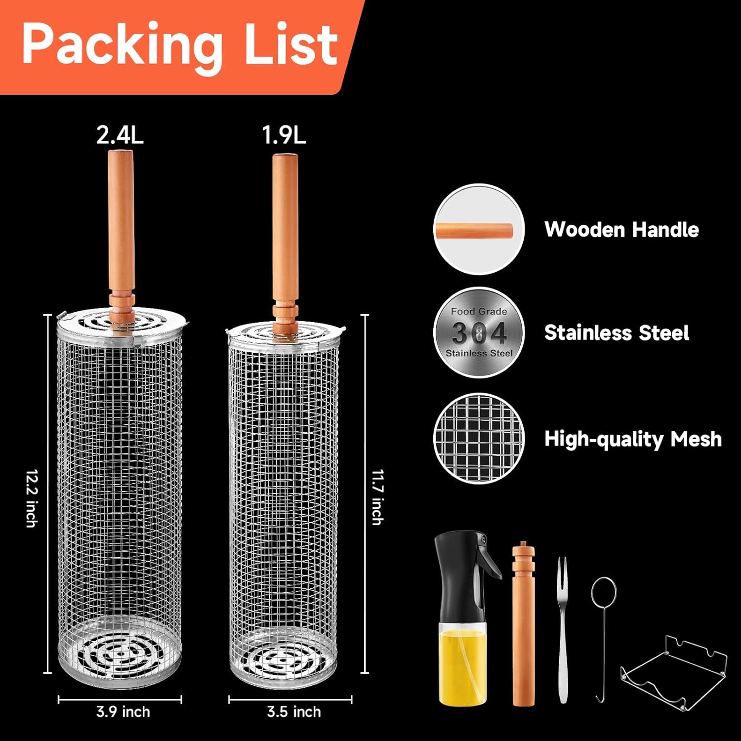 Rolling Grill Basket for Outdoor Grill 2 PCS. BBQ Grilling Gifts for Men Dad Husband. Stainless Steel Grill Mesh Barbeque Grill Accessories. Grilling Net with Wooden Handle & Stands. Outdoor Camping Tools for Chicken. Meat. Fish. Steak. Vegetables. Seafoo - Image 7