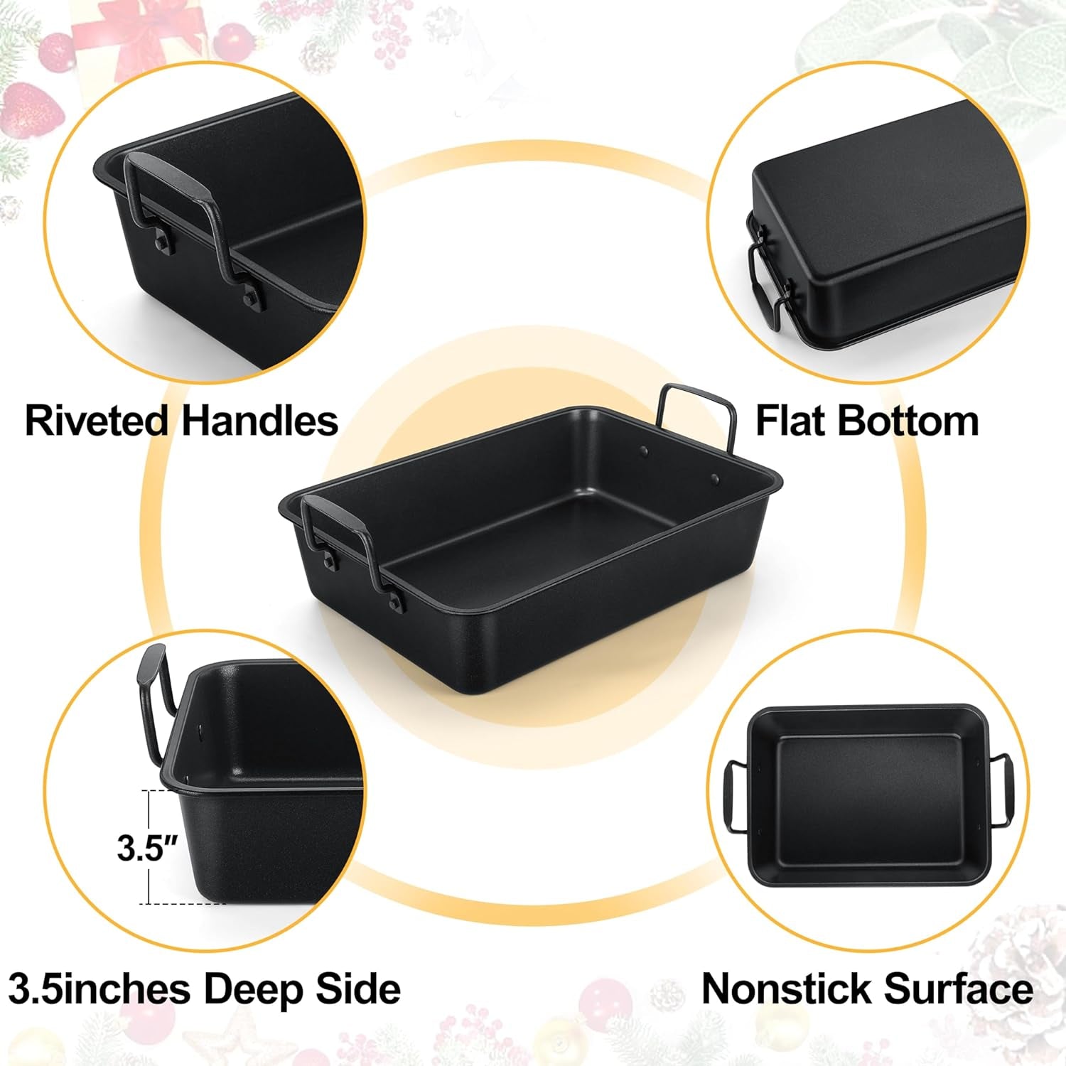 Teamfar Roasting Pan. 14Inch Coated Turkey Roaster Lasagna Pan with V-Shaped Rack & Flat Rack. Non-Stick Coating & Stainless Steel Core. Healthy & Heavy Duty. Deep Sides & Easy to Clean. Set of 3 - Image 3